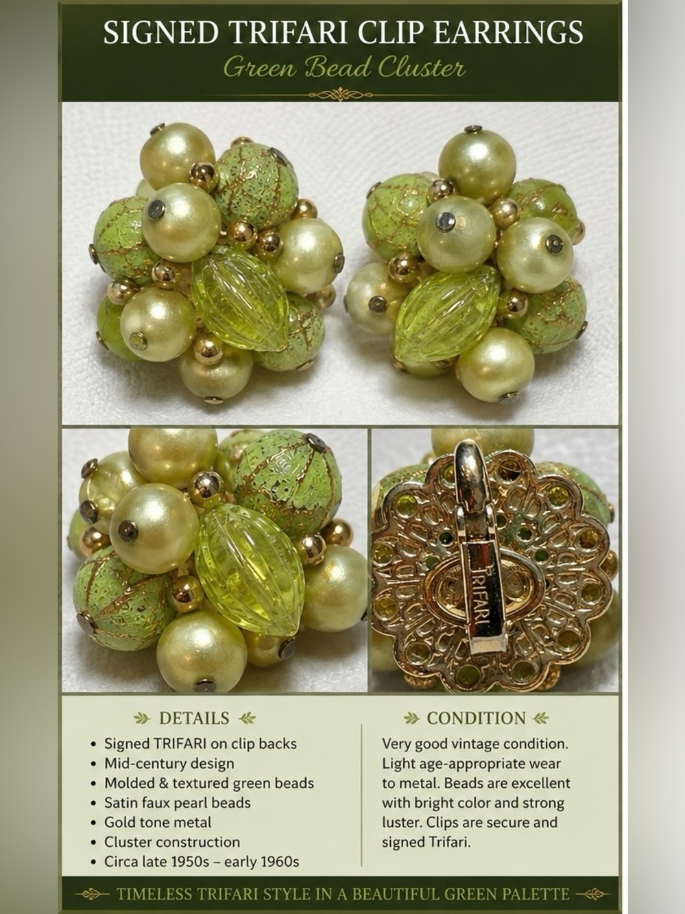 Vintage Trifari Lime and Gold Cluster Clip Earrings